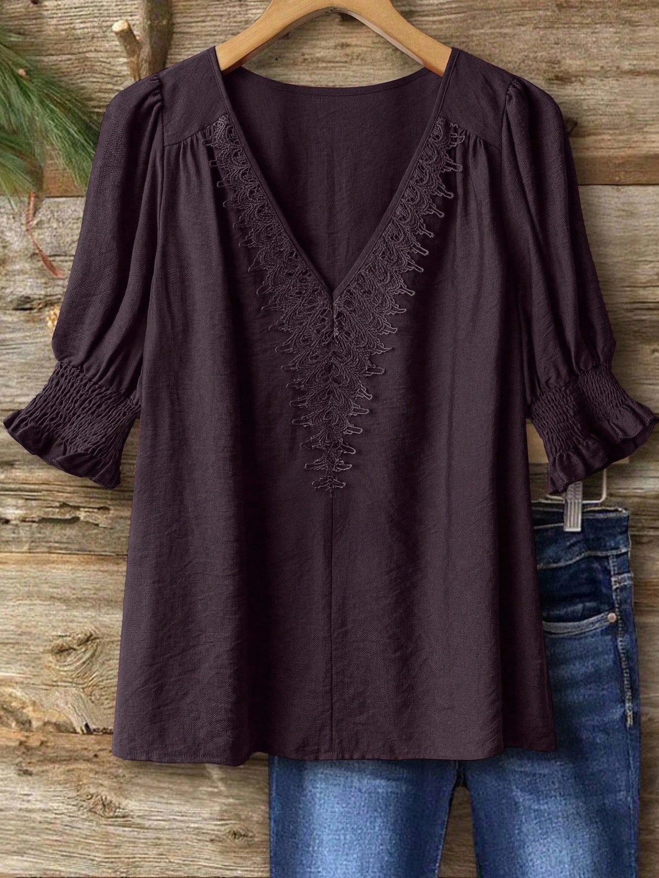 Linhara Plus Size Bohemian Style 3/4 Sleeve Ruffle Collar Elegant Casual Linen Blend Blouse