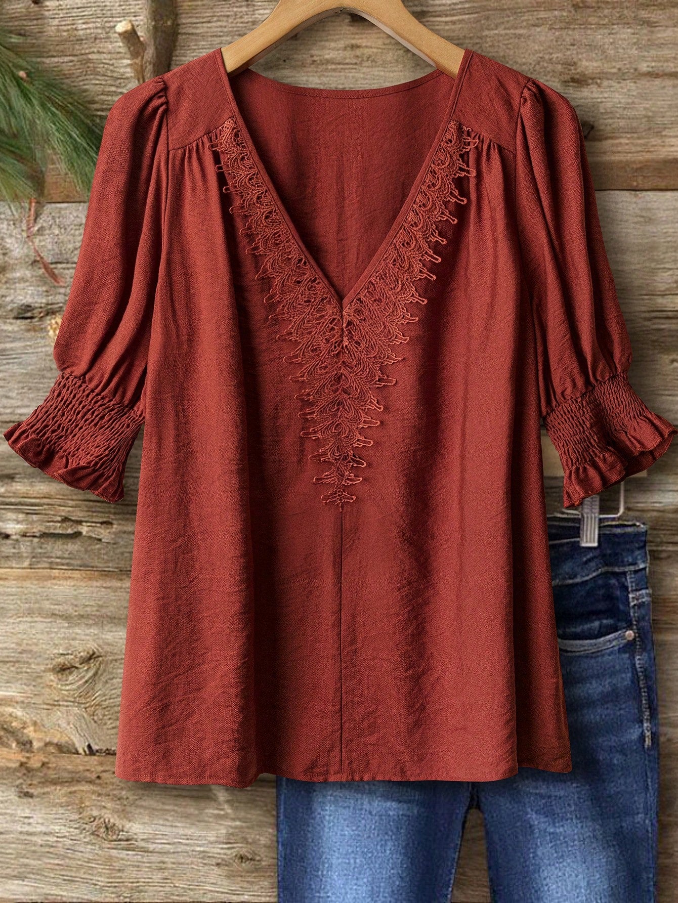 Linhara Plus Size Bohemian Style 3/4 Sleeve Ruffle Collar Elegant Casual Linen Blend Blouse