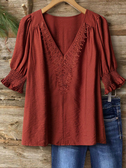 Linhara Plus Size Bohemian Style 3/4 Sleeve Ruffle Collar Elegant Casual Linen Blend Blouse