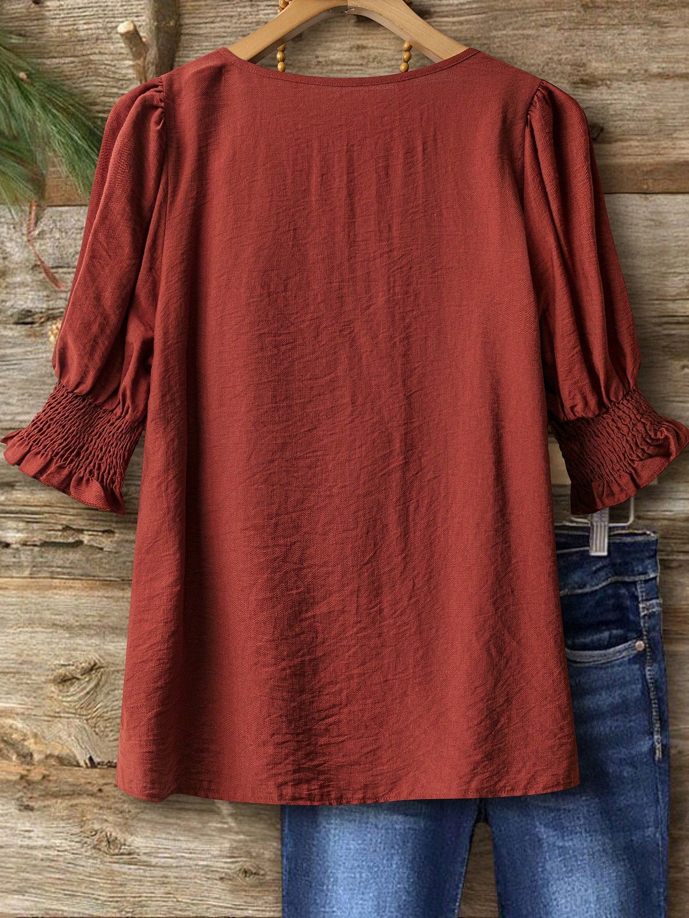 Linhara Plus Size Bohemian Style 3/4 Sleeve Ruffle Collar Elegant Casual Linen Blend Blouse