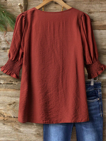 Linhara Plus Size Bohemian Style 3/4 Sleeve Ruffle Collar Elegant Casual Linen Blend Blouse