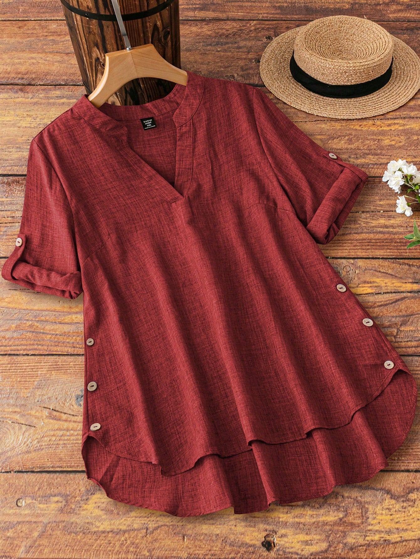 Linhara Plus Size Vacation Casual Solid Color V-Neck Shirt