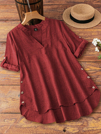 Linhara Plus Size Vacation Casual Solid Color V-Neck Shirt