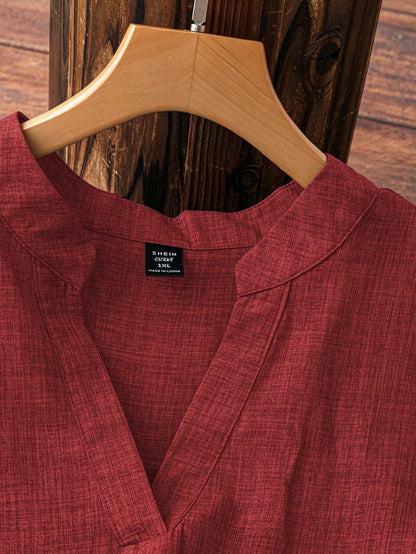 Linhara Plus Size Vacation Casual Solid Color V-Neck Shirt