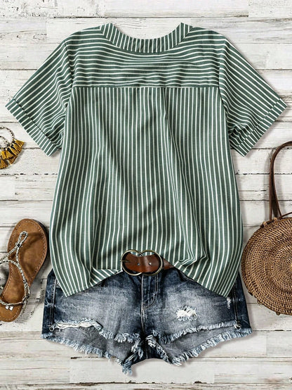 Linhara Plus Size Women Casual Striped Short Sleeve Blouse Women Shirt