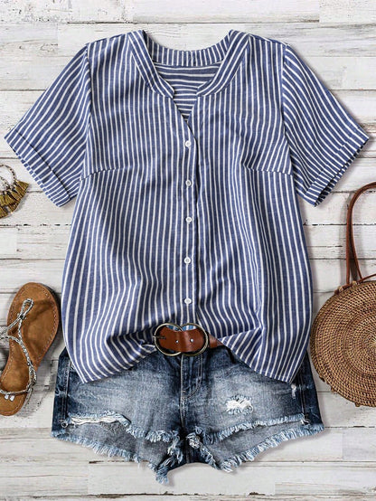 Linhara Plus Size Women Casual Striped Short Sleeve Blouse Women Shirt