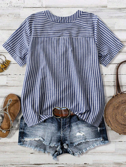Linhara Plus Size Women Casual Striped Short Sleeve Blouse Women Shirt