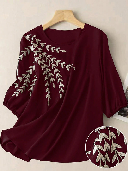 Linhara Plus Size Women Elegant Collar Contrast Color Pull-Cord Printed Blouse Fall