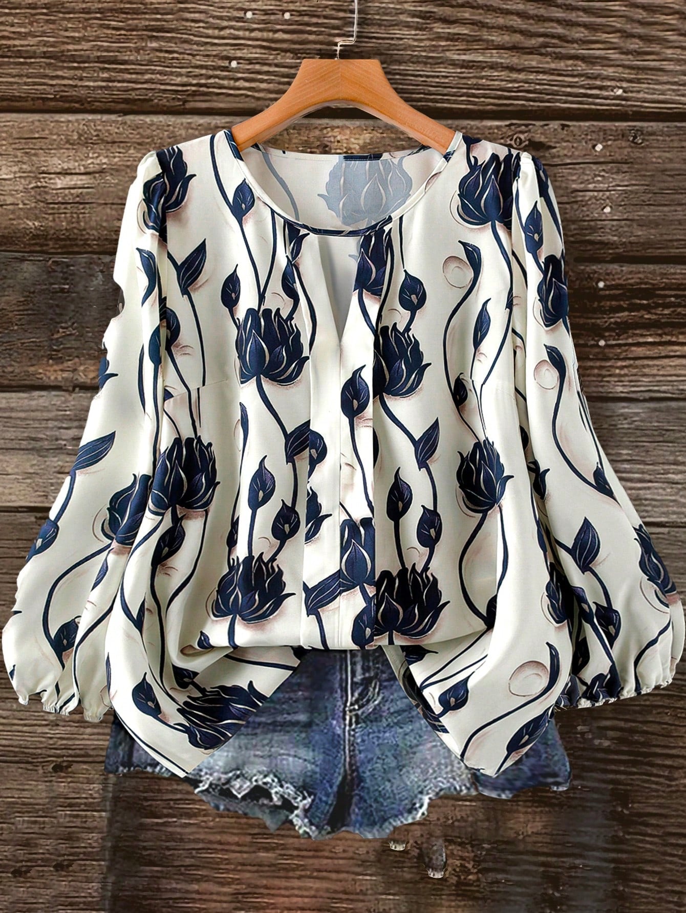Linhara Plus Size Women Elegant Formal Floral Print Round Neck Long Sleeve Blouse,Blue & White Summer Shirt,Casual Autumn Outdoor Country Music Festival Top