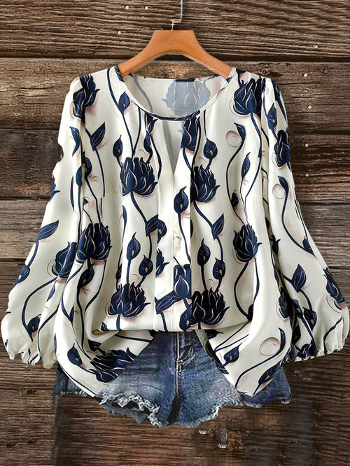 Linhara Plus Size Women Elegant Formal Floral Print Round Neck Long Sleeve Blouse,Blue & White Summer Shirt,Casual Autumn Outdoor Country Music Festival Top