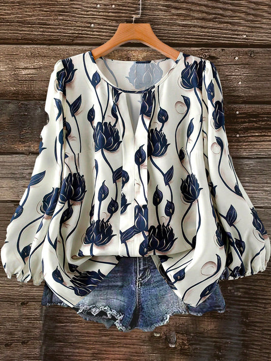 Linhara Plus Size Women Elegant Formal Floral Print Round Neck Long Sleeve Blouse,Blue & White Summer Shirt,Casual Autumn Outdoor Country Music Festival Top