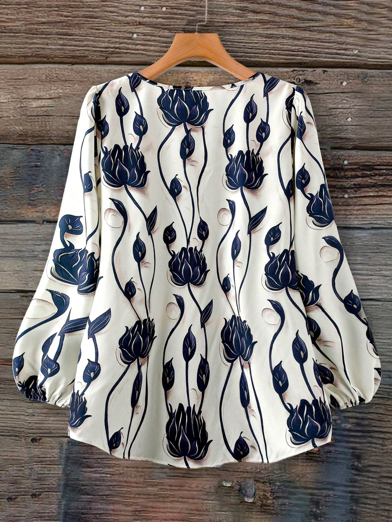 Linhara Plus Size Women Elegant Formal Floral Print Round Neck Long Sleeve Blouse,Blue & White Summer Shirt,Casual Autumn Outdoor Country Music Festival Top