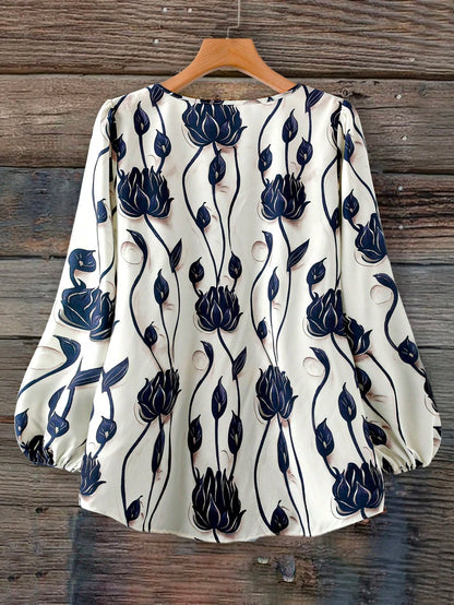 Linhara Plus Size Women Elegant Formal Floral Print Round Neck Long Sleeve Blouse,Blue & White Summer Shirt,Casual Autumn Outdoor Country Music Festival Top