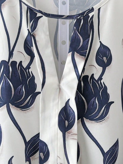 Linhara Plus Size Women Elegant Formal Floral Print Round Neck Long Sleeve Blouse,Blue & White Summer Shirt,Casual Autumn Outdoor Country Music Festival Top