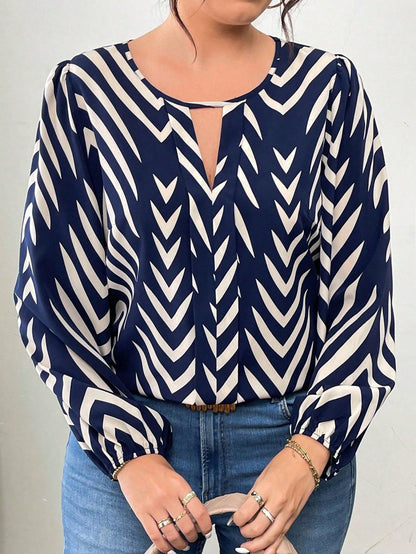Linhara Plus Size Women Elegant Formal Floral Print Round Neck Long Sleeve Blouse,Blue & White Summer Shirt,Casual Autumn Outdoor Country Music Festival Top
