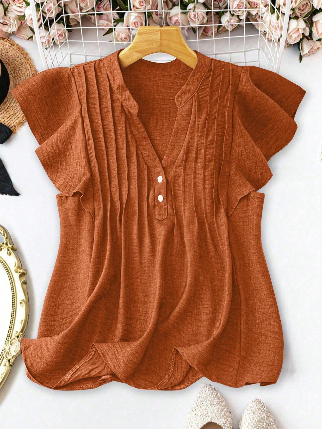 Linhara Plus Size Women LUNE Button Decor Casual Vacation Shirt