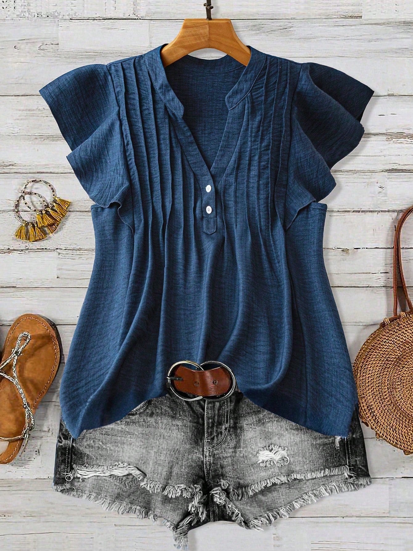 Linhara Plus Size Women LUNE Button Decor Casual Vacation Shirt