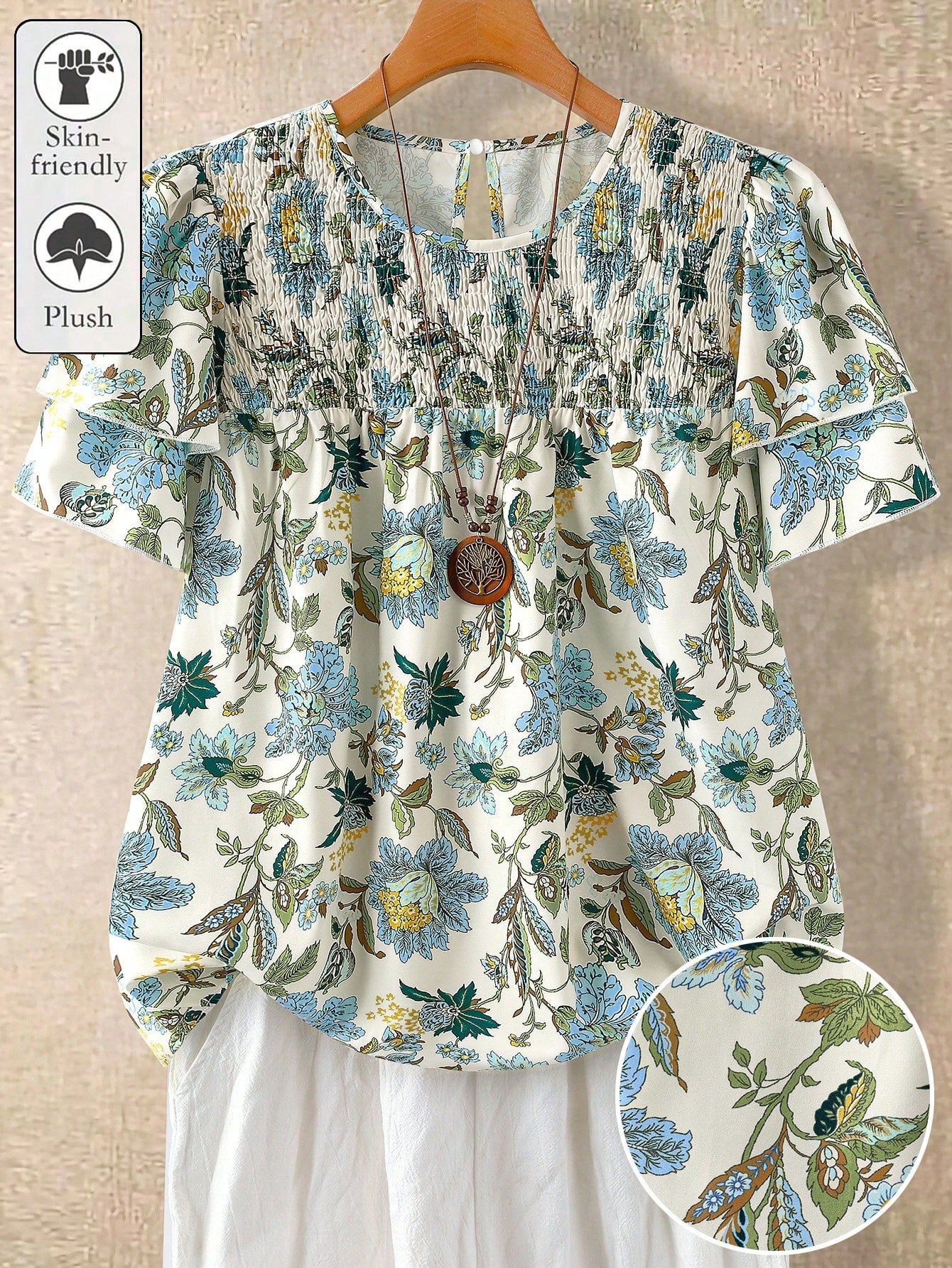 Linhara Plus Size Women's Floral Print Round Neck Double-Layer Sleeve Casual Shirt,White Summer Boho Flowy Vacation Holiday Pleated Vintage Short Blouse Top