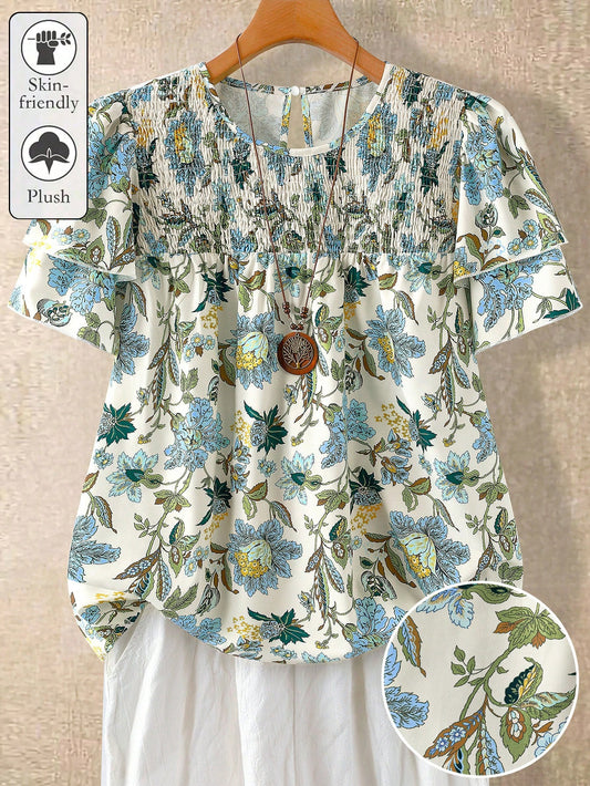 Linhara Plus Size Women's Floral Print Round Neck Double-Layer Sleeve Casual Shirt,White Summer Boho Flowy Vacation Holiday Pleated Vintage Short Blouse Top
