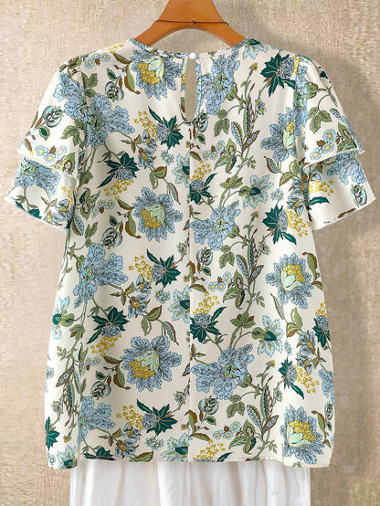 Linhara Plus Size Women's Floral Print Round Neck Double-Layer Sleeve Casual Shirt,White Summer Boho Flowy Vacation Holiday Pleated Vintage Short Blouse Top