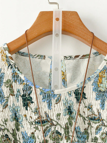 Linhara Plus Size Women's Floral Print Round Neck Double-Layer Sleeve Casual Shirt,White Summer Boho Flowy Vacation Holiday Pleated Vintage Short Blouse Top