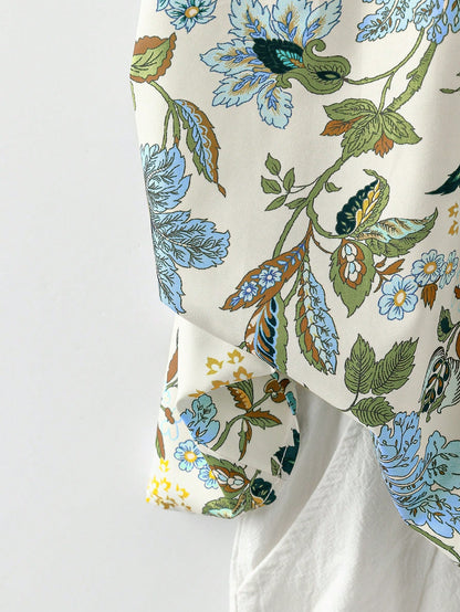 Linhara Plus Size Women's Floral Print Round Neck Double-Layer Sleeve Casual Shirt,White Summer Boho Flowy Vacation Holiday Pleated Vintage Short Blouse Top