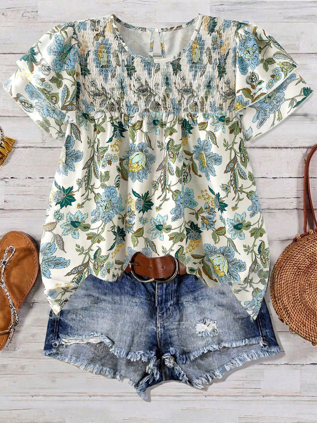 Linhara Plus Size Women's Floral Print Round Neck Double-Layer Sleeve Casual Shirt,White Summer Boho Flowy Vacation Holiday Pleated Vintage Short Blouse Top
