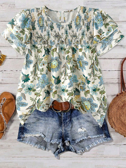 Linhara Plus Size Women's Floral Print Round Neck Double-Layer Sleeve Casual Shirt,White Summer Boho Flowy Vacation Holiday Pleated Vintage Short Blouse Top