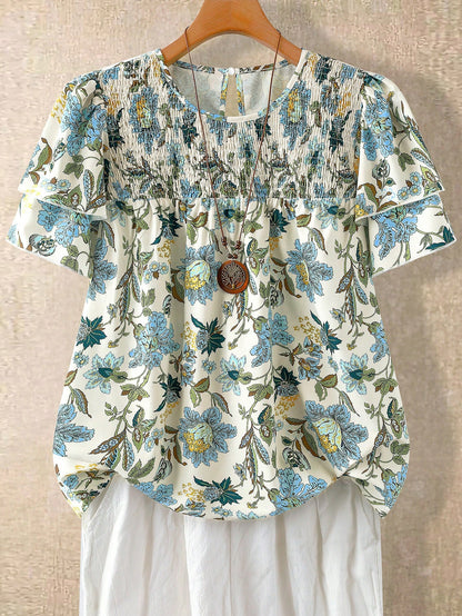 Linhara Plus Size Women's Floral Print Round Neck Double-Layer Sleeve Casual Shirt,White Summer Boho Flowy Vacation Holiday Pleated Vintage Short Blouse Top