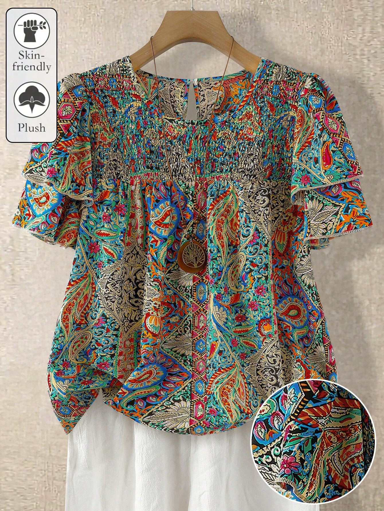 Linhara Plus Size Women's Floral Print Round Neck Double-Layer Sleeve Casual Shirt,White Summer Boho Flowy Vacation Holiday Pleated Vintage Short Blouse Top