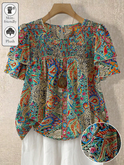 Linhara Plus Size Women's Floral Print Round Neck Double-Layer Sleeve Casual Shirt,White Summer Boho Flowy Vacation Holiday Pleated Vintage Short Blouse Top