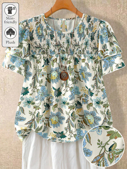 Linhara Plus Size Women's Floral Print Round Neck Double-Layer Sleeve Casual Shirt,White Summer Boho Flowy Vacation Holiday Pleated Vintage Short Blouse Top