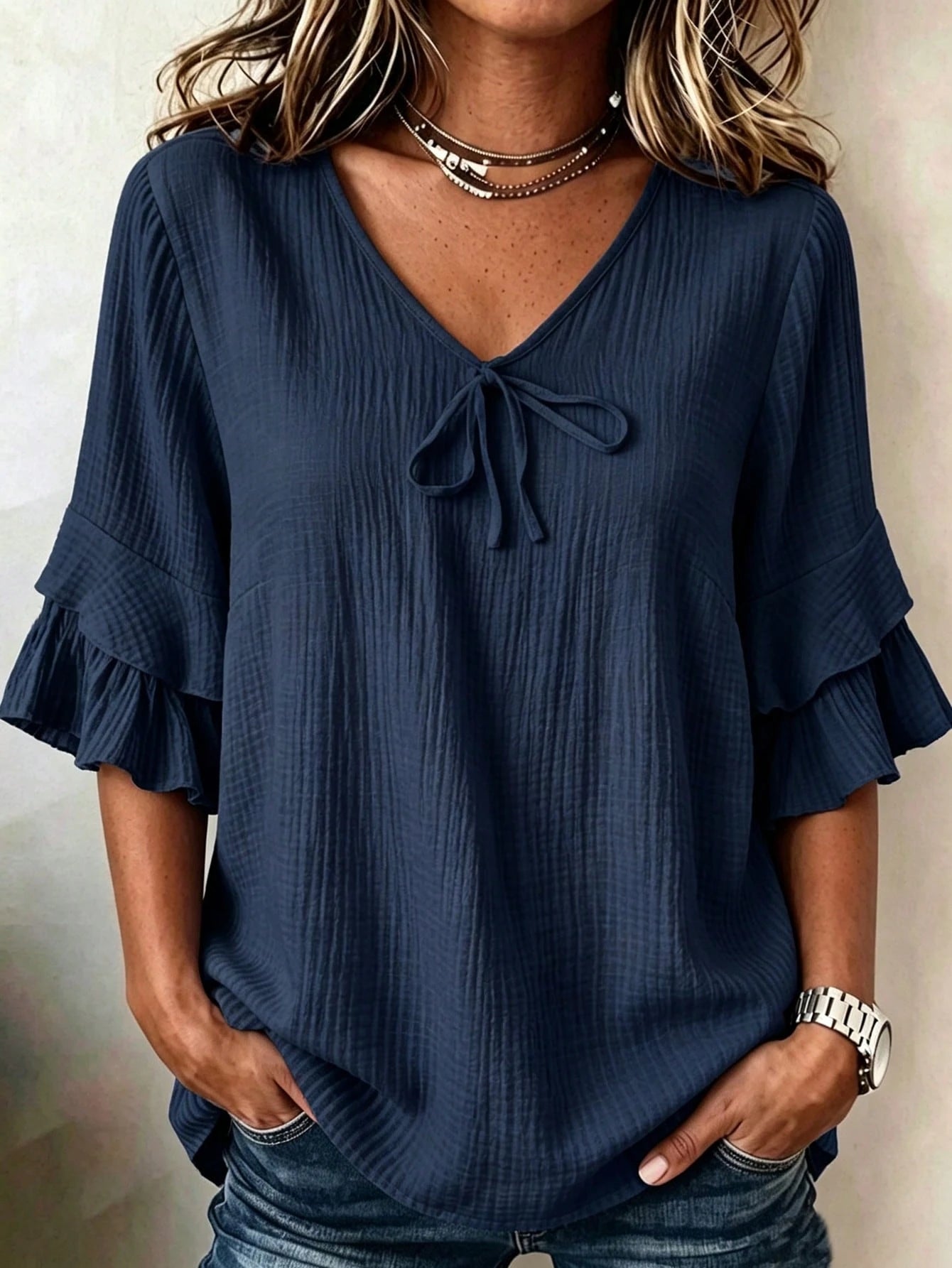 Linhara Plus Size Women's Navy Blue Summer Boho Vacation Holiday Shirt Blouse,Cotton Ruffle Sleeves,Bow Decor Casual Leisure & Home Daily Outing Travel Fall