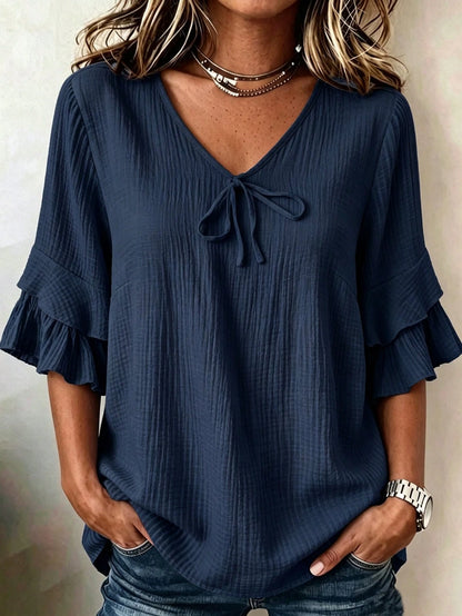 Linhara Plus Size Women's Navy Blue Summer Boho Vacation Holiday Shirt Blouse,Cotton Ruffle Sleeves,Bow Decor Casual Leisure & Home Daily Outing Travel Fall