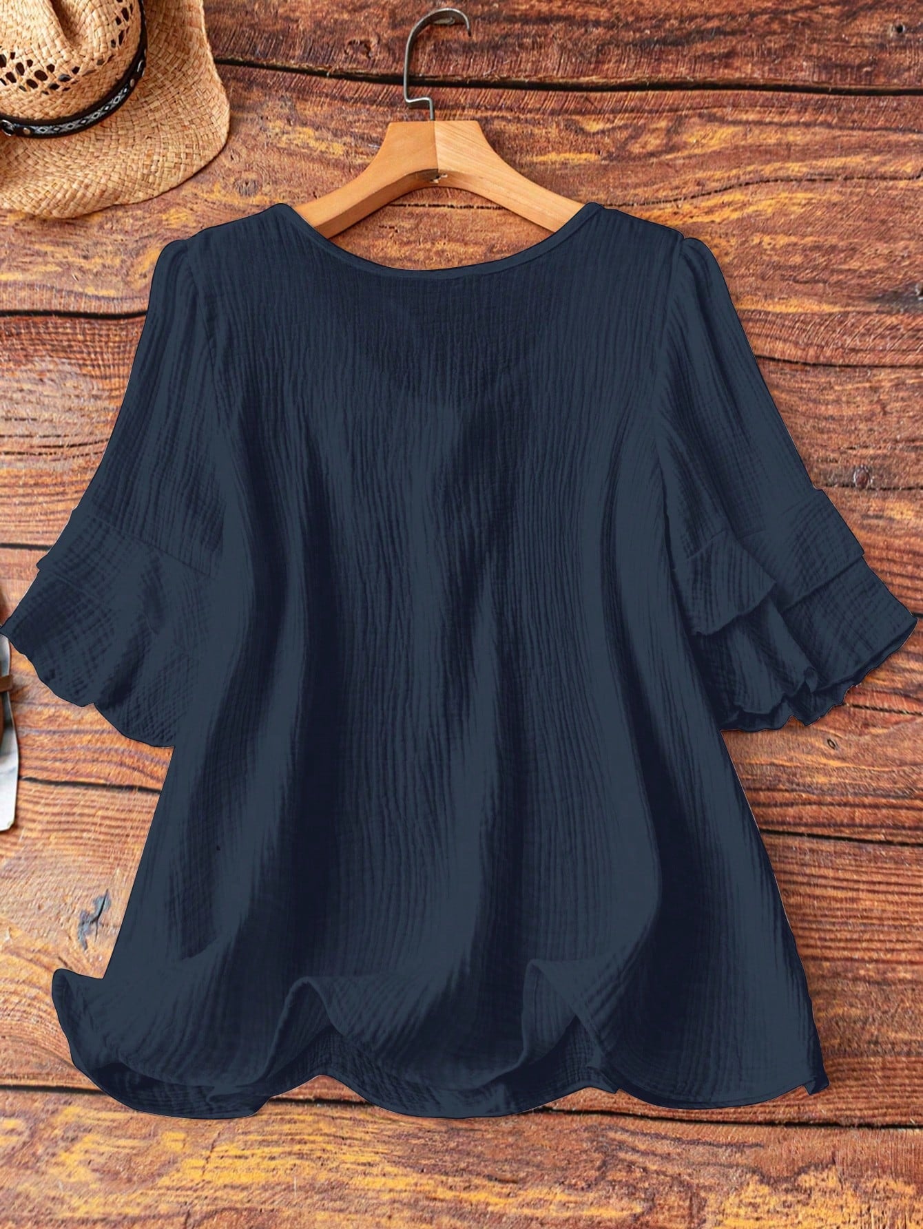 Linhara Plus Size Women's Navy Blue Summer Boho Vacation Holiday Shirt Blouse,Cotton Ruffle Sleeves,Bow Decor Casual Leisure & Home Daily Outing Travel Fall