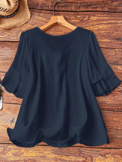 Linhara Plus Size Women's Navy Blue Summer Boho Vacation Holiday Shirt Blouse,Cotton Ruffle Sleeves,Bow Decor Casual Leisure & Home Daily Outing Travel Fall