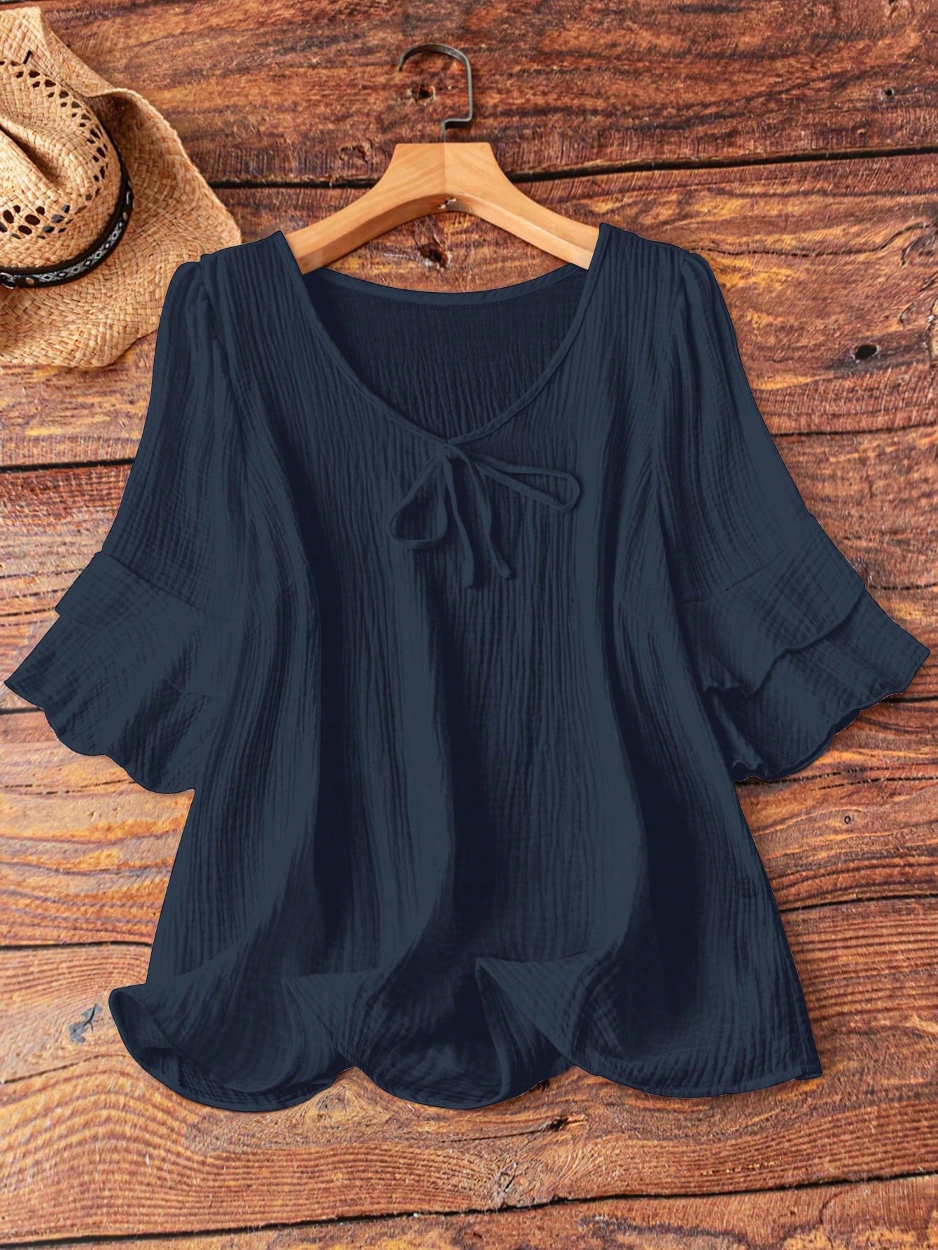 Linhara Plus Size Women's Navy Blue Summer Boho Vacation Holiday Shirt Blouse,Cotton Ruffle Sleeves,Bow Decor Casual Leisure & Home Daily Outing Travel Fall