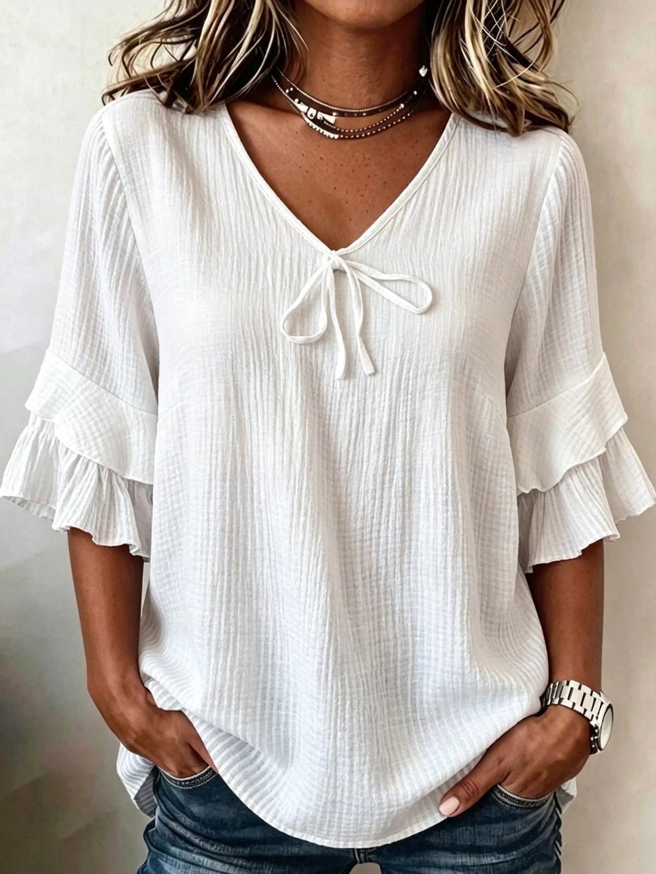 Linhara Plus Size Women's Navy Blue Summer Boho Vacation Holiday Shirt Blouse,Cotton Ruffle Sleeves,Bow Decor Casual Leisure & Home Daily Outing Travel Fall