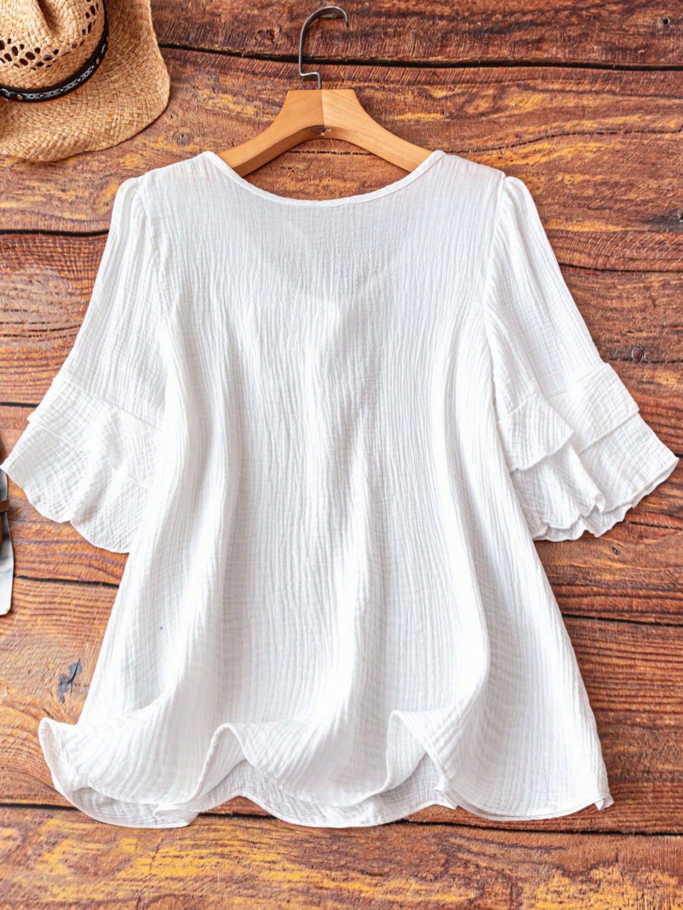 Linhara Plus Size Women's Navy Blue Summer Boho Vacation Holiday Shirt Blouse,Cotton Ruffle Sleeves,Bow Decor Casual Leisure & Home Daily Outing Travel Fall