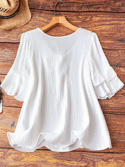 Linhara Plus Size Women's Navy Blue Summer Boho Vacation Holiday Shirt Blouse,Cotton Ruffle Sleeves,Bow Decor Casual Leisure & Home Daily Outing Travel Fall
