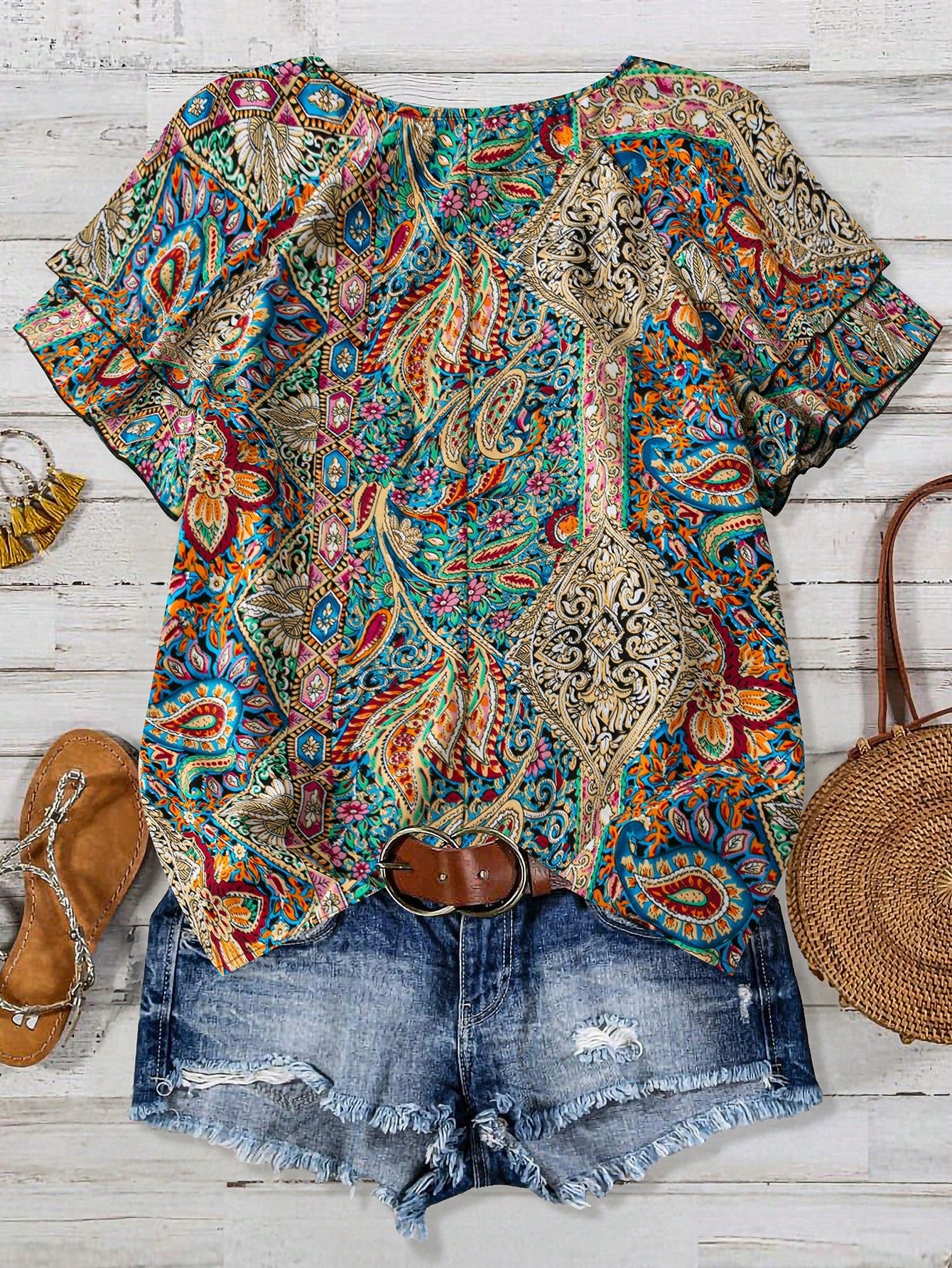 Linhara Plus Size Women's Paisley Print Double Ruffle Sleeve Casual Vacation Shirt