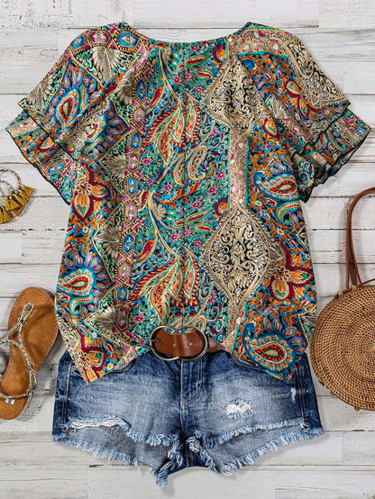 Linhara Plus Size Women's Paisley Print Double Ruffle Sleeve Casual Vacation Shirt