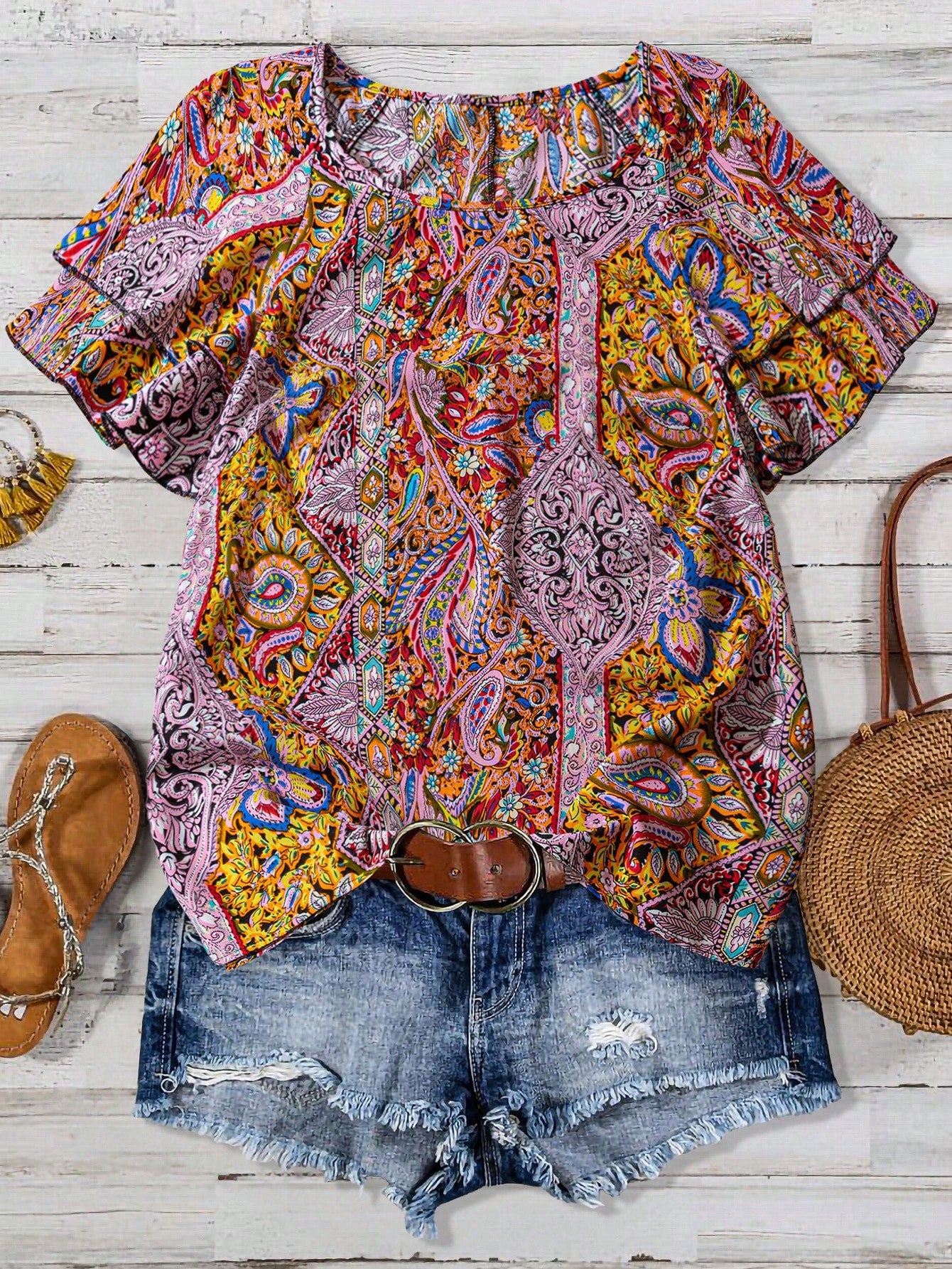 Linhara Plus Size Women's Paisley Print Double Ruffle Sleeve Casual Vacation Shirt