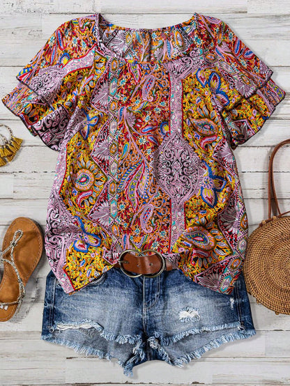 Linhara Plus Size Women's Paisley Print Double Ruffle Sleeve Casual Vacation Shirt
