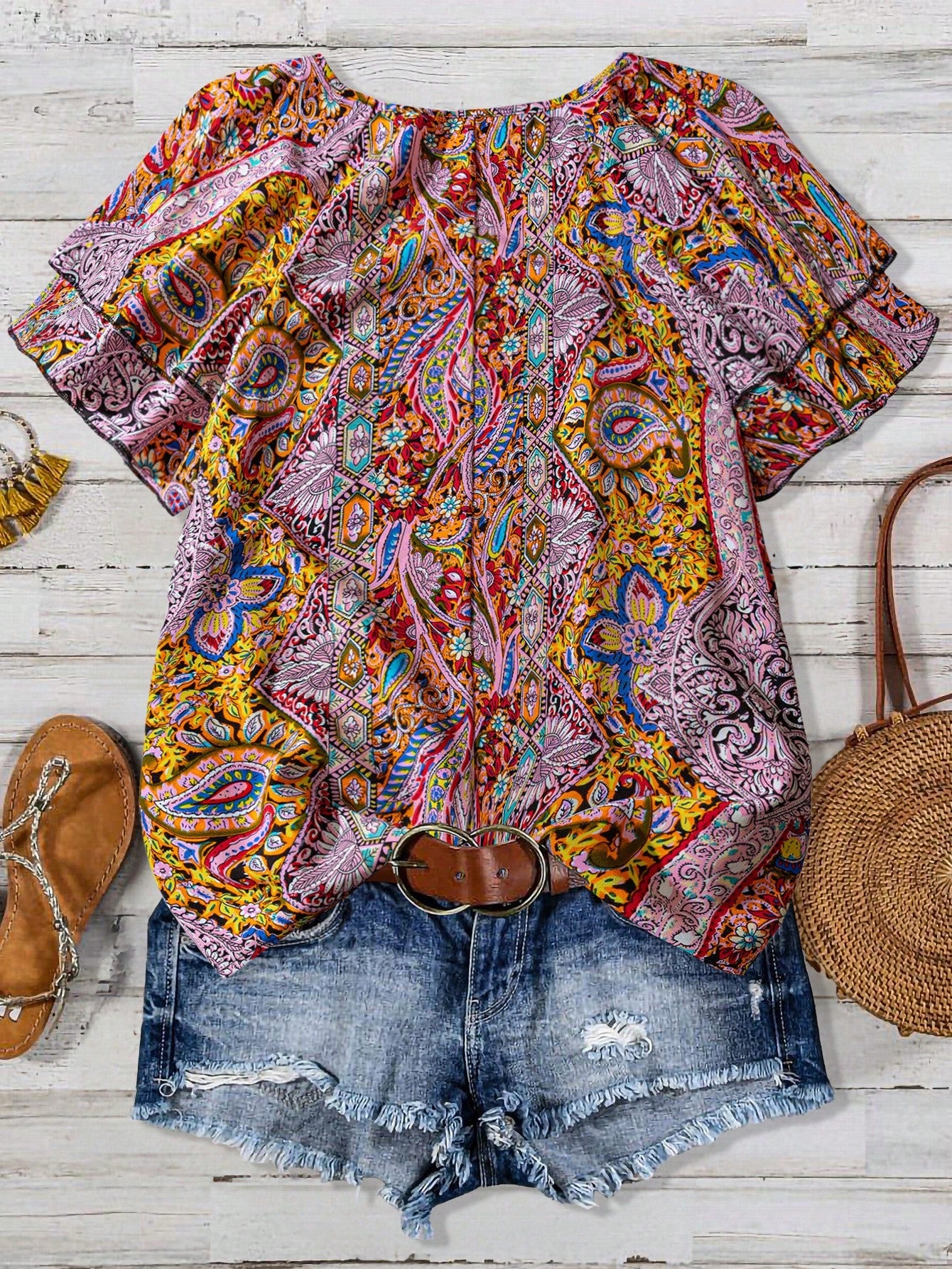 Linhara Plus Size Women's Paisley Print Double Ruffle Sleeve Casual Vacation Shirt