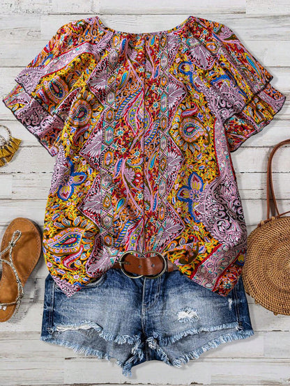 Linhara Plus Size Women's Paisley Print Double Ruffle Sleeve Casual Vacation Shirt