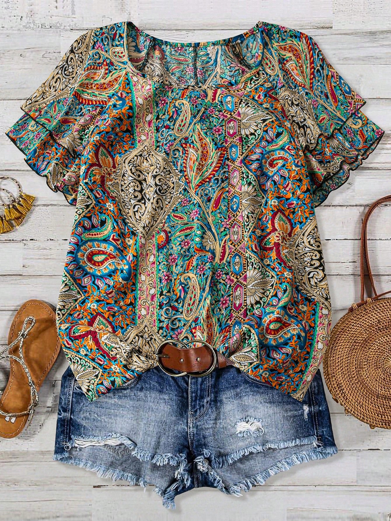 Linhara Plus Size Women's Paisley Print Double Ruffle Sleeve Casual Vacation Shirt