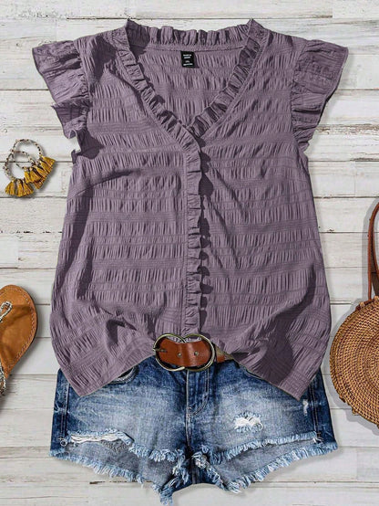 Linhara Plus Size Women's Solid Color Textured V-Neck Ruffle Trim Petal Sleeve Fitted Casual Regular Blouse