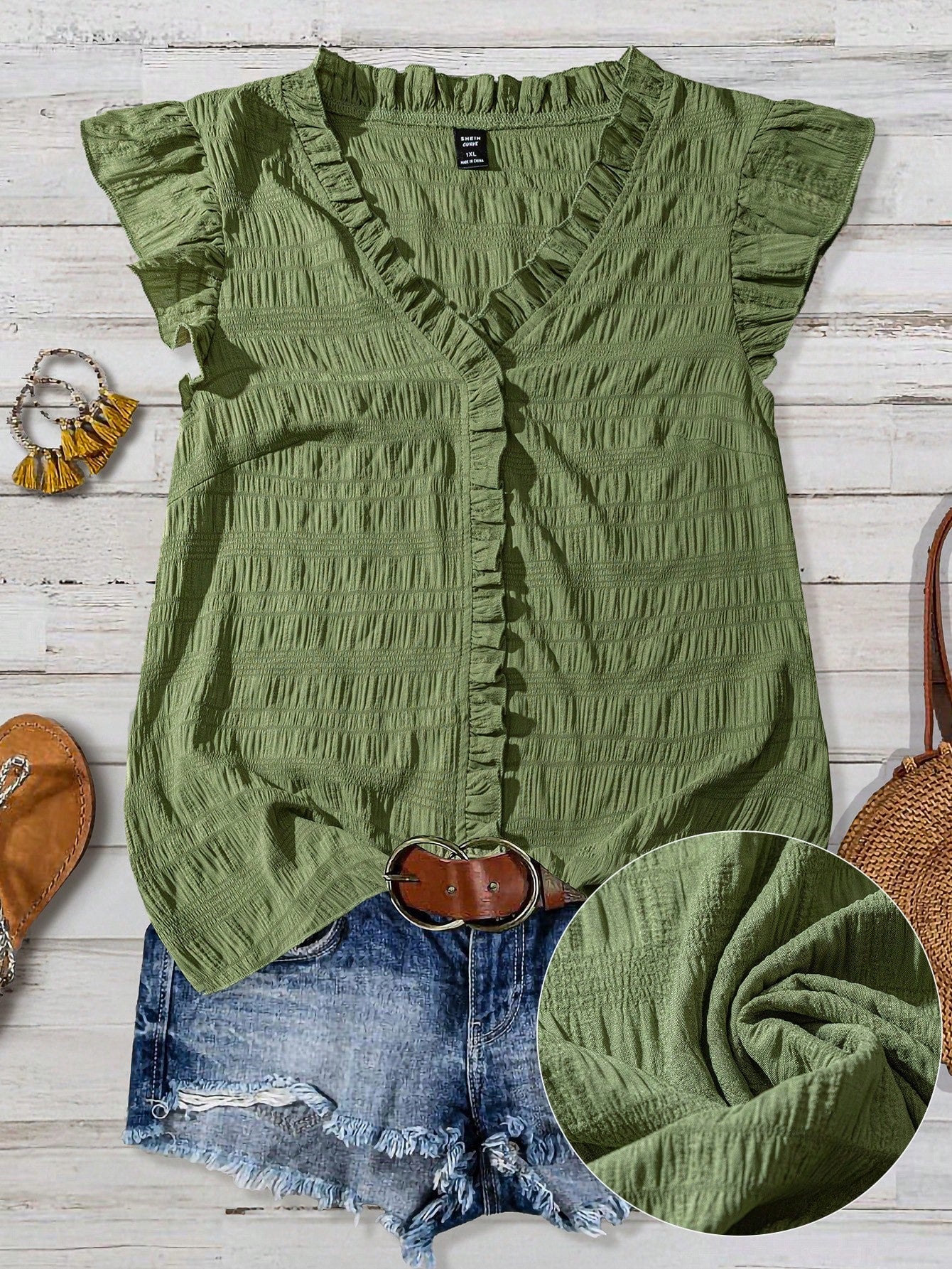 Linhara Plus Size Women's Solid Color Textured V-Neck Ruffle Trim Petal Sleeve Fitted Casual Regular Blouse