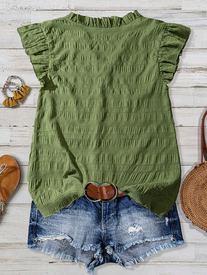Linhara Plus Size Women's Solid Color Textured V-Neck Ruffle Trim Petal Sleeve Fitted Casual Regular Blouse